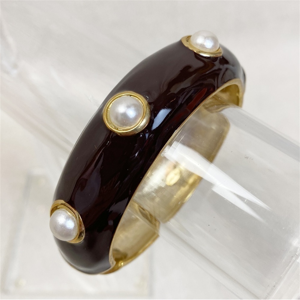 Cookie Lee brown enamel hinged bangle with faux Pearl accents